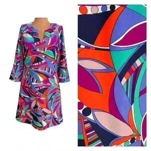 Jude Connally Sz S Megan Dress Retro Print Purple Stretch A-line Mod 60's Funky